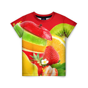 Детская футболка 3D с принтом Фрукты в Тюмени, 100% гипоаллергенный полиэфир | прямой крой, круглый вырез горловины, длина до линии бедер, чуть спущенное плечо, ткань немного тянется | fresh | апедьсин | киви | клубника | пузыри | сок | фреш | фрукты | яблоко | ягоды