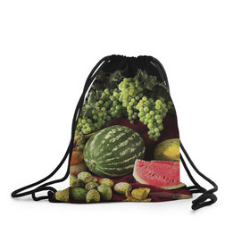 Рюкзак-мешок 3D с принтом Арбуз в Тюмени, 100% полиэстер | плотность ткани — 200 г/м2, размер — 35 х 45 см; лямки — толстые шнурки, застежка на шнуровке, без карманов и подкладки | арбуз | виноград | каштан | натюрморт | плоды | ягоды