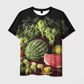 Мужская футболка 3D с принтом Арбуз в Тюмени, 100% полиэфир | прямой крой, круглый вырез горловины, длина до линии бедер | арбуз | виноград | каштан | натюрморт | плоды | ягоды