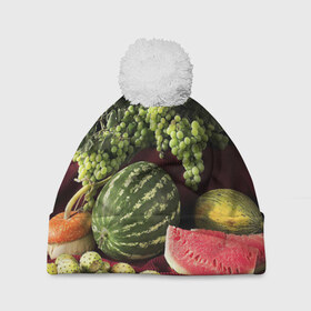 Шапка 3D c помпоном с принтом Арбуз в Тюмени, 100% полиэстер | универсальный размер, печать по всей поверхности изделия | арбуз | виноград | каштан | натюрморт | плоды | ягоды