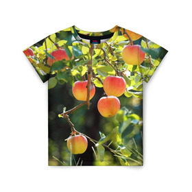 Детская футболка 3D с принтом Яблоки в Тюмени, 100% гипоаллергенный полиэфир | прямой крой, круглый вырез горловины, длина до линии бедер, чуть спущенное плечо, ткань немного тянется | дерево | зелень | красные | сад