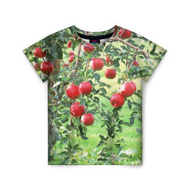 Детская футболка 3D с принтом Яблоки в Тюмени, 100% гипоаллергенный полиэфир | прямой крой, круглый вырез горловины, длина до линии бедер, чуть спущенное плечо, ткань немного тянется | Тематика изображения на принте: дерево | зелень | красные | сад | яблоки