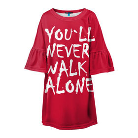 Детское платье 3D с принтом YOU`LL NEVER WALK ALONE в Тюмени, 100% полиэстер | прямой силуэт, чуть расширенный к низу. Круглая горловина, на рукавах — воланы | Тематика изображения на принте: апл | ливерпуль | футбол
