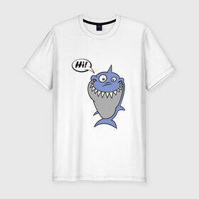 Мужская футболка премиум с принтом Акула в Тюмени, 92% хлопок, 8% лайкра | приталенный силуэт, круглый вырез ворота, длина до линии бедра, короткий рукав | hi | shark | привет