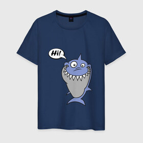Мужская футболка хлопок с принтом Акула в Тюмени, 100% хлопок | прямой крой, круглый вырез горловины, длина до линии бедер, слегка спущенное плечо. | hi | shark | привет