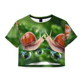 Женская футболка 3D укороченная с принтом Улитки в Тюмени, 100% полиэстер | круглая горловина, длина футболки до линии талии, рукава с отворотами | зеленая | любовь | природа | улитка