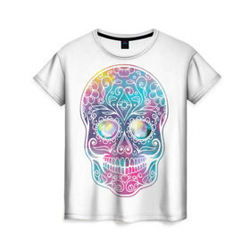 Женская футболка 3D с принтом Цветной череп с узорами в Тюмени, 100% полиэфир ( синтетическое хлопкоподобное полотно) | прямой крой, круглый вырез горловины, длина до линии бедер | кости | скелет | узор | цветной | череп