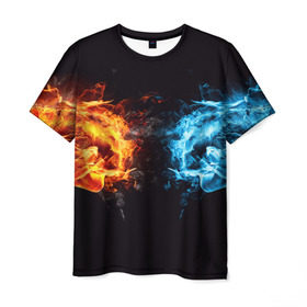 Мужская футболка 3D с принтом Лёд и пламя в Тюмени, 100% полиэфир | прямой крой, круглый вырез горловины, длина до линии бедер | Тематика изображения на принте: вода | красный | лёд и пламя | огонь | руки | синий | столкновение | удар