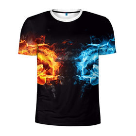 Мужская футболка 3D спортивная с принтом Лёд и пламя в Тюмени, 100% полиэстер с улучшенными характеристиками | приталенный силуэт, круглая горловина, широкие плечи, сужается к линии бедра | вода | красный | лёд и пламя | огонь | руки | синий | столкновение | удар