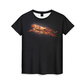 Женская футболка 3D с принтом Ягуар в Тюмени, 100% полиэфир ( синтетическое хлопкоподобное полотно) | прямой крой, круглый вырез горловины, длина до линии бедер | бег | желтый | кот | кошка | красный | огненный | прыжок | свет | светящийся | темный | черный | ягуар | яркое