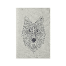 Обложка для паспорта матовая кожа с принтом Волк-шаман в Тюмени, натуральная матовая кожа | размер 19,3 х 13,7 см; прозрачные пластиковые крепления | wolf | волк | животные | узоры | шаман