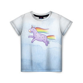 Детская футболка 3D с принтом Единорожка в Тюмени, 100% гипоаллергенный полиэфир | прямой крой, круглый вырез горловины, длина до линии бедер, чуть спущенное плечо, ткань немного тянется | единорог | лошадь | радость | радуга