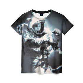 Женская футболка 3D с принтом Гагарин 5 в Тюмени, 100% полиэфир ( синтетическое хлопкоподобное полотно) | прямой крой, круглый вырез горловины, длина до линии бедер | 12 апреля | гагарин | день космонавтики | космонавт | космонавтика | космос | юра | юрий