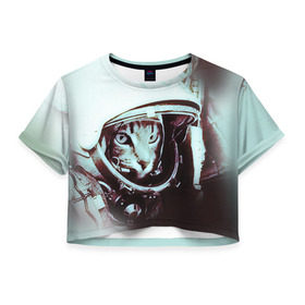 Женская футболка 3D укороченная с принтом Котмонавт в Тюмени, 100% полиэстер | круглая горловина, длина футболки до линии талии, рукава с отворотами | 12 апреля | гагарин | день космонавтики | космонавт | космонавтика | космос | юра | юрий
