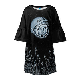 Детское платье 3D с принтом Гагарин 7 в Тюмени, 100% полиэстер | прямой силуэт, чуть расширенный к низу. Круглая горловина, на рукавах — воланы | Тематика изображения на принте: 12 апреля | гагарин | день космонавтики | космонавт | космонавтика | космос | юра | юрий