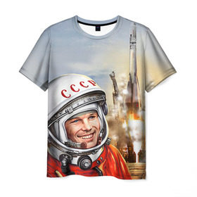 Мужская футболка 3D с принтом Гагарин 8 в Тюмени, 100% полиэфир | прямой крой, круглый вырез горловины, длина до линии бедер | Тематика изображения на принте: 12 апреля | гагарин | день космонавтики | космонавт | космонавтика | космос | юра | юрий