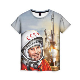 Женская футболка 3D с принтом Гагарин 8 в Тюмени, 100% полиэфир ( синтетическое хлопкоподобное полотно) | прямой крой, круглый вырез горловины, длина до линии бедер | 12 апреля | гагарин | день космонавтики | космонавт | космонавтика | космос | юра | юрий
