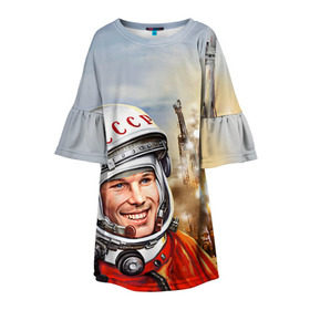 Детское платье 3D с принтом Гагарин 8 в Тюмени, 100% полиэстер | прямой силуэт, чуть расширенный к низу. Круглая горловина, на рукавах — воланы | Тематика изображения на принте: 12 апреля | гагарин | день космонавтики | космонавт | космонавтика | космос | юра | юрий