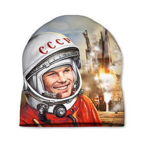 Шапка 3D с принтом Гагарин 8 в Тюмени, 100% полиэстер | универсальный размер, печать по всей поверхности изделия | 12 апреля | гагарин | день космонавтики | космонавт | космонавтика | космос | юра | юрий