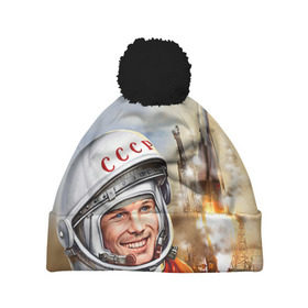 Шапка 3D c помпоном с принтом Гагарин 8 в Тюмени, 100% полиэстер | универсальный размер, печать по всей поверхности изделия | 12 апреля | гагарин | день космонавтики | космонавт | космонавтика | космос | юра | юрий