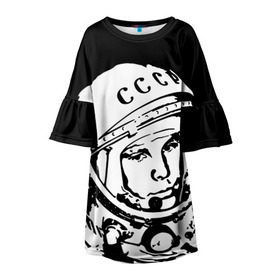 Детское платье 3D с принтом Гагарин 9 в Тюмени, 100% полиэстер | прямой силуэт, чуть расширенный к низу. Круглая горловина, на рукавах — воланы | Тематика изображения на принте: 12 апреля | гагарин | день космонавтики | космонавт | космонавтика | космос | юра | юрий