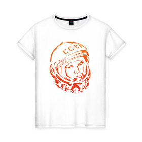 Женская футболка хлопок с принтом Гагарин 10 в Тюмени, 100% хлопок | прямой крой, круглый вырез горловины, длина до линии бедер, слегка спущенное плечо | 12 апреля | гагарин | день космонавтики | космонавт | космонавтика | космос | юра | юрий