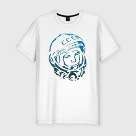 Мужская футболка премиум с принтом Гагарин 11 в Тюмени, 92% хлопок, 8% лайкра | приталенный силуэт, круглый вырез ворота, длина до линии бедра, короткий рукав | 12 апреля | гагарин | день космонавтики | космонавт | космонавтика | космос | юра | юрий
