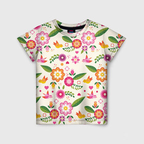 Детская футболка 3D с принтом Весенние настроение в Тюмени, 100% гипоаллергенный полиэфир | прямой крой, круглый вырез горловины, длина до линии бедер, чуть спущенное плечо, ткань немного тянется | весна | птицы | цветы