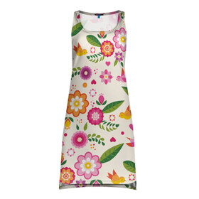 Платье-майка 3D с принтом Весенние настроение в Тюмени, 100% полиэстер | полуприлегающий силуэт, широкие бретели, круглый вырез горловины, удлиненный подол сзади. | весна | птицы | цветы
