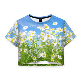 Женская футболка 3D укороченная с принтом Ромашки в Тюмени, 100% полиэстер | круглая горловина, длина футболки до линии талии, рукава с отворотами | луг | цветы