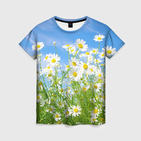 Женская футболка 3D с принтом Ромашки в Тюмени, 100% полиэфир ( синтетическое хлопкоподобное полотно) | прямой крой, круглый вырез горловины, длина до линии бедер | луг | цветы
