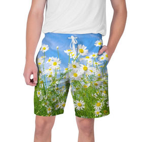 Мужские шорты 3D с принтом Ромашки в Тюмени,  полиэстер 100% | прямой крой, два кармана без застежек по бокам. Мягкая трикотажная резинка на поясе, внутри которой широкие завязки. Длина чуть выше колен | луг | цветы