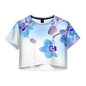 Женская футболка 3D укороченная с принтом Голубая орхидея в Тюмени, 100% полиэстер | круглая горловина, длина футболки до линии талии, рукава с отворотами | Тематика изображения на принте: голубая орхидея | красота | орхидеи | природа | цветок | цветочек | цветы