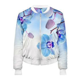 Женский бомбер 3D с принтом Голубая орхидея в Тюмени, 100% полиэстер | застегивается на молнию, по бокам два кармана без застежек, мягкие манжеты, по низу бомбера и на воротнике — эластичная резинка | Тематика изображения на принте: голубая орхидея | красота | орхидеи | природа | цветок | цветочек | цветы