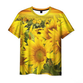 Мужская футболка 3D с принтом Подсолнухи в Тюмени, 100% полиэфир | прямой крой, круглый вырез горловины, длина до линии бедер | Тематика изображения на принте: желтый | солнце | цветок | яркий