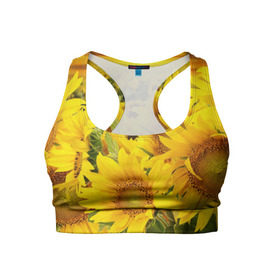 Женский спортивный топ 3D с принтом Подсолнухи в Тюмени, 82% полиэстер, 18% спандекс Ткань безопасна для здоровья, позволяет коже дышать, не мнется и не растягивается |  | желтый | солнце | цветок | яркий