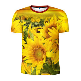 Мужская футболка 3D спортивная с принтом Подсолнухи в Тюмени, 100% полиэстер с улучшенными характеристиками | приталенный силуэт, круглая горловина, широкие плечи, сужается к линии бедра | Тематика изображения на принте: желтый | солнце | цветок | яркий