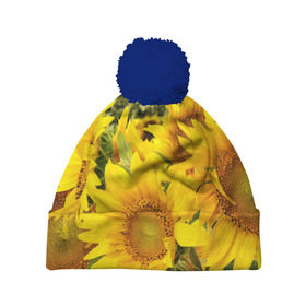 Шапка 3D c помпоном с принтом Подсолнухи в Тюмени, 100% полиэстер | универсальный размер, печать по всей поверхности изделия | желтый | солнце | цветок | яркий