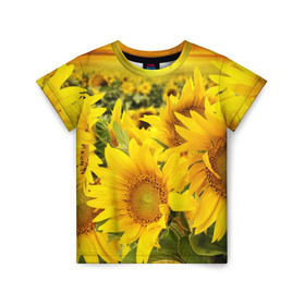 Детская футболка 3D с принтом Подсолнухи в Тюмени, 100% гипоаллергенный полиэфир | прямой крой, круглый вырез горловины, длина до линии бедер, чуть спущенное плечо, ткань немного тянется | желтый | солнце | цветок | яркий