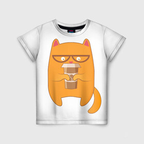 Детская футболка 3D с принтом Кот хипстер в Тюмени, 100% гипоаллергенный полиэфир | прямой крой, круглый вырез горловины, длина до линии бедер, чуть спущенное плечо, ткань немного тянется | арт | иллюстрация | кот | кофе | кофемания | пончик | хипстер