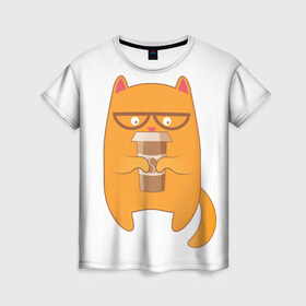 Женская футболка 3D с принтом Кот хипстер в Тюмени, 100% полиэфир ( синтетическое хлопкоподобное полотно) | прямой крой, круглый вырез горловины, длина до линии бедер | арт | иллюстрация | кот | кофе | кофемания | пончик | хипстер