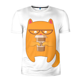 Мужская футболка 3D спортивная с принтом Кот хипстер в Тюмени, 100% полиэстер с улучшенными характеристиками | приталенный силуэт, круглая горловина, широкие плечи, сужается к линии бедра | арт | иллюстрация | кот | кофе | кофемания | пончик | хипстер