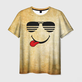Мужская футболка 3D с принтом Смайл в очках (R) в Тюмени, 100% полиэфир | прямой крой, круглый вырез горловины, длина до линии бедер | веселье | мордочка | очки | парная | позитив | прикол | рожица | смайл | смайл в очках | смех | улыбка | умора | хорошее настроение | юмор | язык
