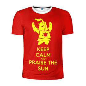 Мужская футболка 3D спортивная с принтом Keep calm and praise the sun в Тюмени, 100% полиэстер с улучшенными характеристиками | приталенный силуэт, круглая горловина, широкие плечи, сужается к линии бедра | dark souls