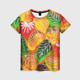 Женская футболка 3D с принтом Желе в Тюмени, 100% полиэфир ( синтетическое хлопкоподобное полотно) | прямой крой, круглый вырез горловины, длина до линии бедер | candy | еда | конфеты | мармелад | сладкое