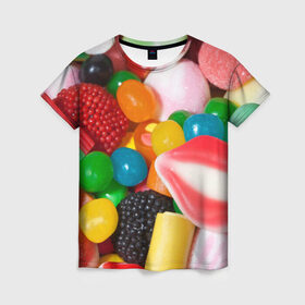 Женская футболка 3D с принтом Сладости в Тюмени, 100% полиэфир ( синтетическое хлопкоподобное полотно) | прямой крой, круглый вырез горловины, длина до линии бедер | candy | еда | конфеты | мармелад | сладкое
