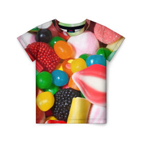 Детская футболка 3D с принтом Сладости в Тюмени, 100% гипоаллергенный полиэфир | прямой крой, круглый вырез горловины, длина до линии бедер, чуть спущенное плечо, ткань немного тянется | candy | еда | конфеты | мармелад | сладкое