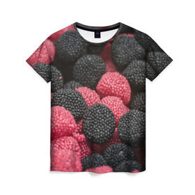 Женская футболка 3D с принтом Ягодки в Тюмени, 100% полиэфир ( синтетическое хлопкоподобное полотно) | прямой крой, круглый вырез горловины, длина до линии бедер | candy | vegan | веган | вегетарианство | еда | конфеты | мармелад | сладкое