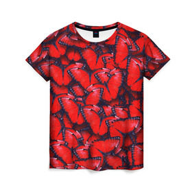 Женская футболка 3D с принтом Бабочки в Тюмени, 100% полиэфир ( синтетическое хлопкоподобное полотно) | прямой крой, круглый вырез горловины, длина до линии бедер | красная