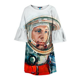 Детское платье 3D с принтом Гагарин в Тюмени, 100% полиэстер | прямой силуэт, чуть расширенный к низу. Круглая горловина, на рукавах — воланы | Тематика изображения на принте: space | гагарин | космос | россия
